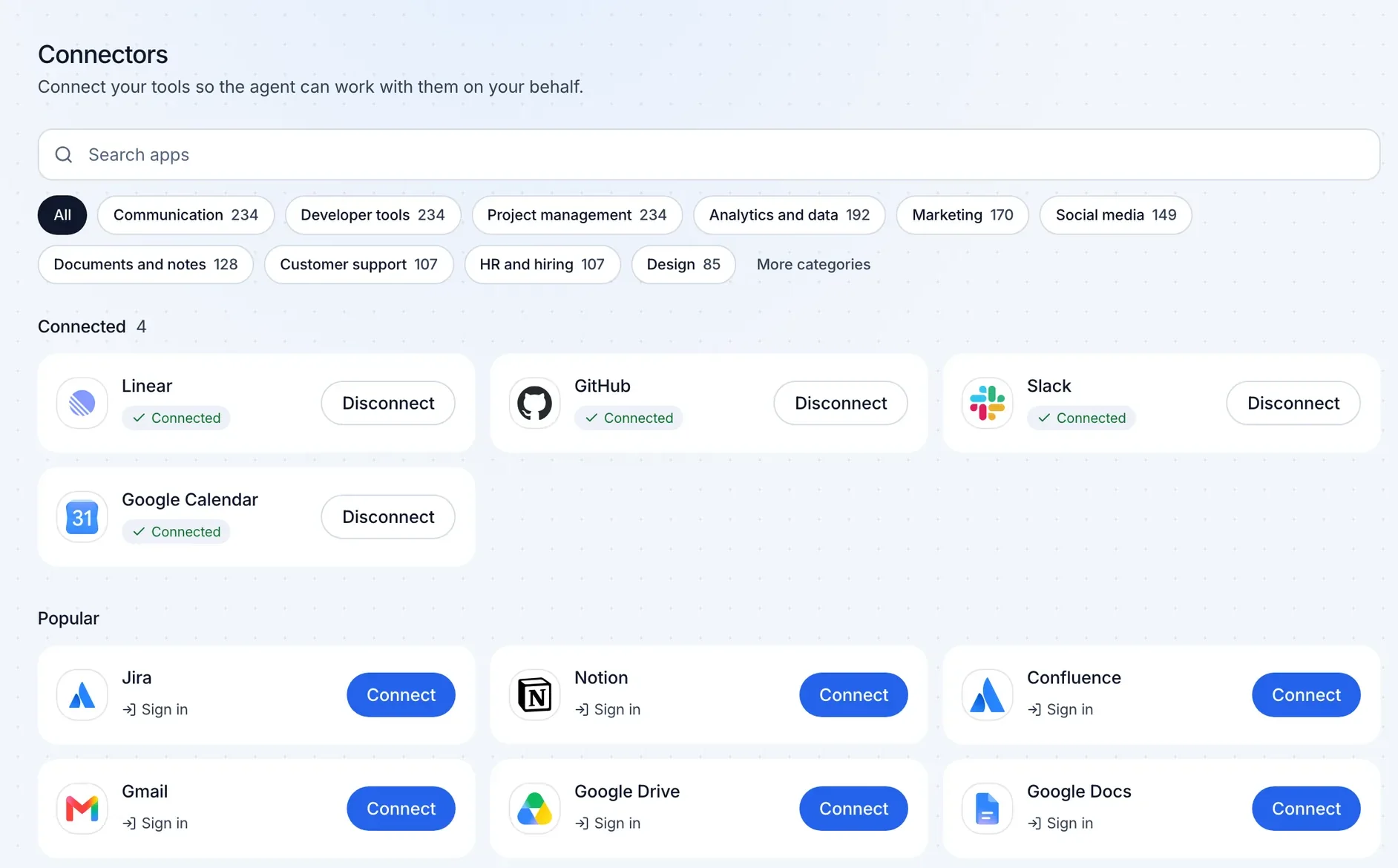 The Connectors screen lets you search apps, see connected accounts, and connect new tools.