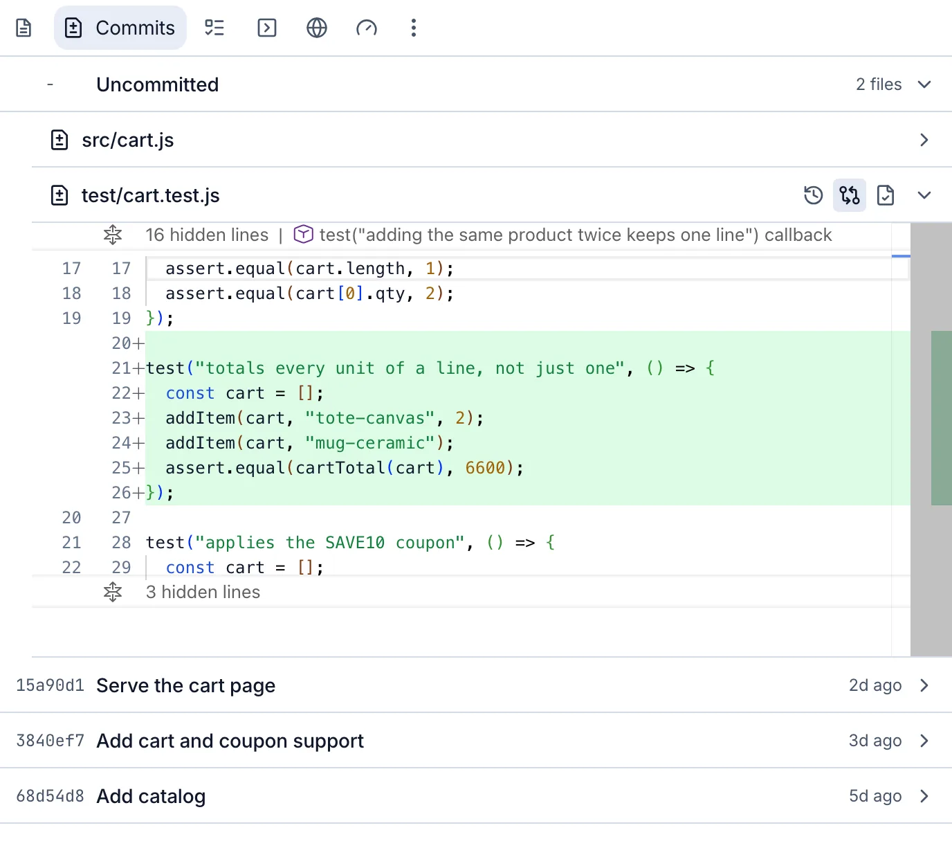 The changes panel shows the edited files, a new test, and commit history.
