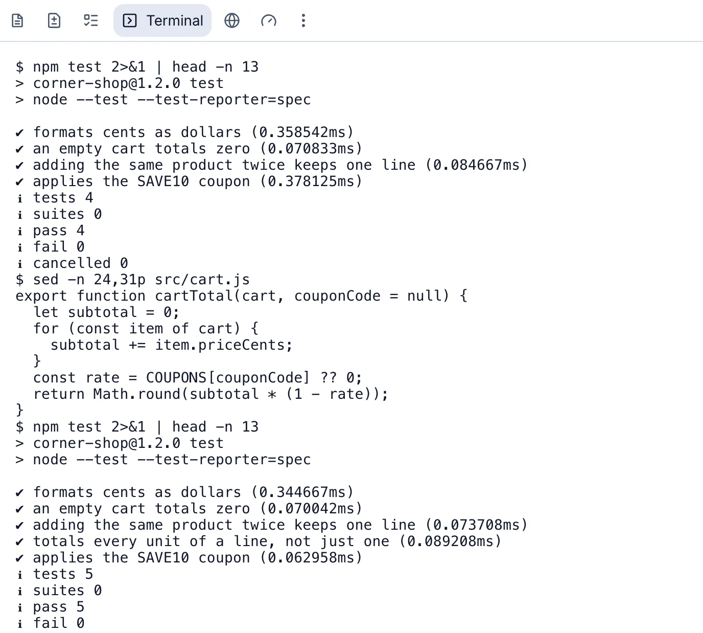 The terminal shows the commands Lemon Code ran and five passing tests.
