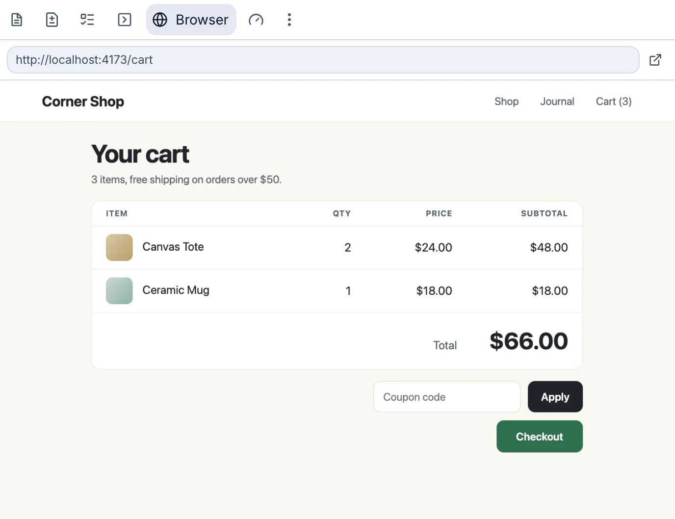 The finished cart shows the corrected total of $66.00 in the browser preview.